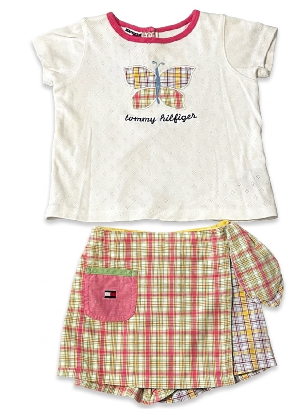 Tommy Hilfiger Toddler Girl Outfit Set Size 18-24M | Butterfly Tee & Plaid Skort